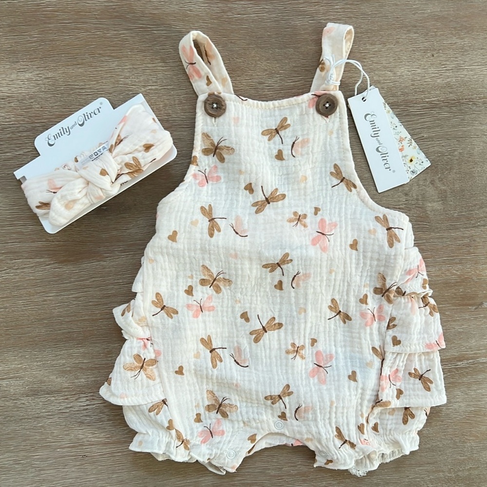 Emily and Oliver Butterfly Ruffle Bubble Romper Headband 12 18 months